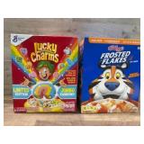 Lucky Charms and Frosted Flakes Cereal Boxes