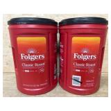 Two Folgers Classic Roast Coffee Containers
