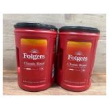 Two Folgers Classic Roast Coffee Containers