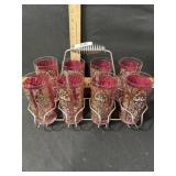 MID CENTURY  8 PIECE GLASSES CRANBERRY/ GOLD IN