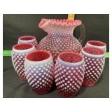 FENTON CRANBERRY OPALESCENT BARREL PITCHER WITH 6