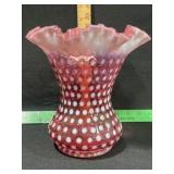 FENTON CRANBERRY OPALESCENT DOT VASE 8 1/2 TALL