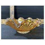 CARNIVAL GLASS FAN PATTERN 7 1/2 INCH MARIGOLD