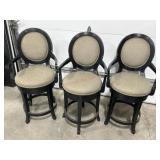 3 Black wood swivel bar stools with beige