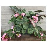 Green metal planter with pink floral