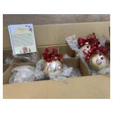 Box of 12 red and white glass ornaments