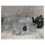 Flat of glass basket, creamer, sugar bowl,