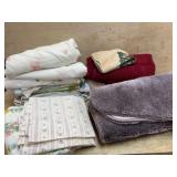 Box lot of sheets, rugs and towels