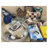 Box lot of steamer, basket, book and misc. decor