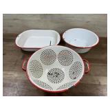 3- Pieces red and white enamelware pans