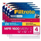 3M Filtrete MPR 1600 Air Filters, 12x12x1, 4-Pack