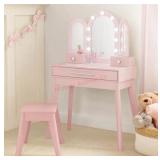 Pink Vanity Set with Lights and Stool