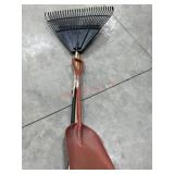 Leaf rake, snow shovel and squeegee