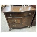 Tiger oak serpentine chest of drawers with glass