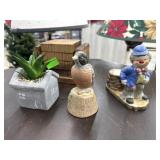 Box lot with wood coasters and clow figure