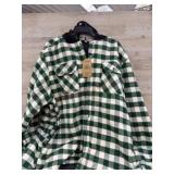 Green and White Plaid Button-Up Hooded Shirt
