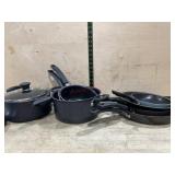 Box of 3 skillets. sauce pan, pitcher and vases