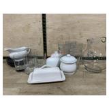 ox lot of pitcher, vase, butter dishes and misc.
