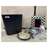 bucket with picture frame, decorative tray and