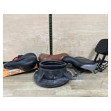 Box lot of bike seats and misc. bike hardware