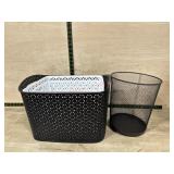 2 Plastic baskets and one wire trash can