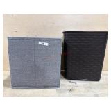 Grey storage basket and brown plastic trash can