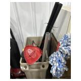 Trash can of mops, Metal poles and misc.