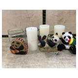 Box lot of candles/ panda figures. glass candle