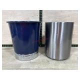 Stainless and blue trash cans