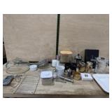Box lot of serving platter, strainers, salt and