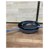 Two Blue Cast Iron Frying Pans