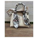White Faux Leather Handbag With Snake Print Accent