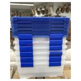 6 small plastic storage totes with lids