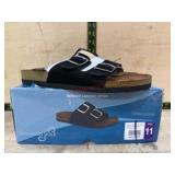 Double Buckle Black Leather Sandals, Size 11