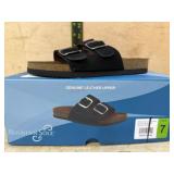 Black Double-Buckle Leather Sandals, Size 7