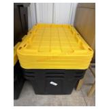 4 black and yellow totes with 4 lids some