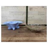 Goofus glass bowl and blue glass footed bowl