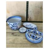 M.A. Hadley pottery bowl, candlestick, serving