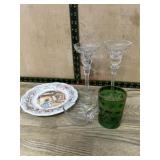 Flat with glass ladle, candle sticks, green glass