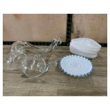 Flat of milk glass dishes and 3 glass ladles
