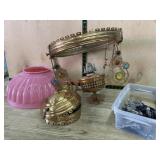 Box lot with brass hanging hurricane light frame.