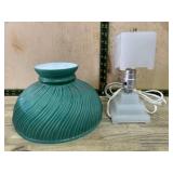 White table lamp and green hurricane light shade