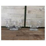 2- Glass double candle sticks one with prisms
