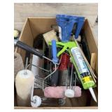 Box of paint rollers, paint, trays, scrapers
