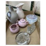 Flat with  pottery pitchers, sugar and creamer,