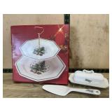 Nikko Christmas 2 tier tray and butter dish