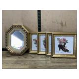 Flat of 4 small framed prints and mirror