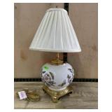 Brass look and floral table lamp with white shade