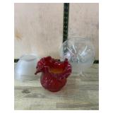 Red glass lamp shade and 2 clear glass lamp