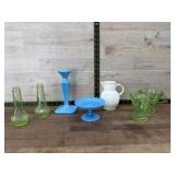 Flat with green depression sugar and creamer,
